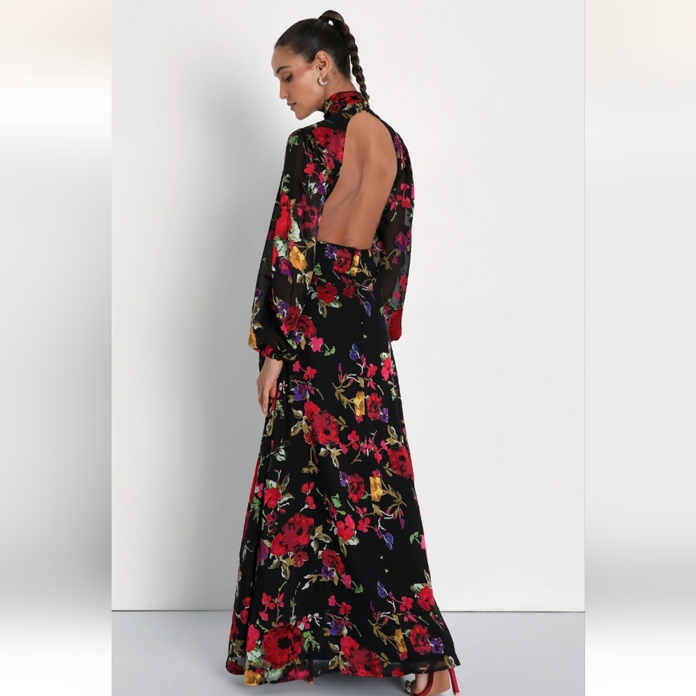 Graceful Arrival Black Floral Burnout Backless Maxi Dress by Lulus - Picture 2 of 7